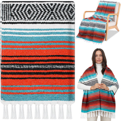 Oudain Mexican Blanket Woven Authentic Cotton Falsa Throw 45 x 70 Inch – Authentic Baja Serape Saddle Blanket Outdoor for Restorative Yoga, Beach, Picnic, Couch, Car Travel(Boho Festival)