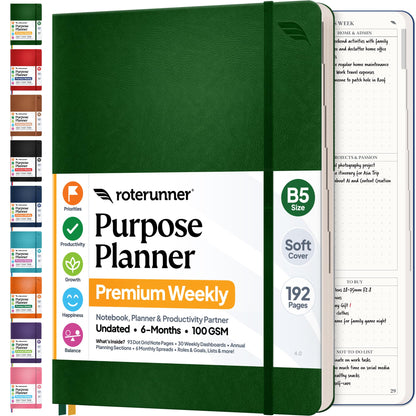 Roterunner Purpose Planner Notebook B5 7.5”x9.8” Undated 2026 Daily Weekly and Monthly Productivity Goal Setting Tool for Work Home ADHD Planner for Adults Self Care Journal