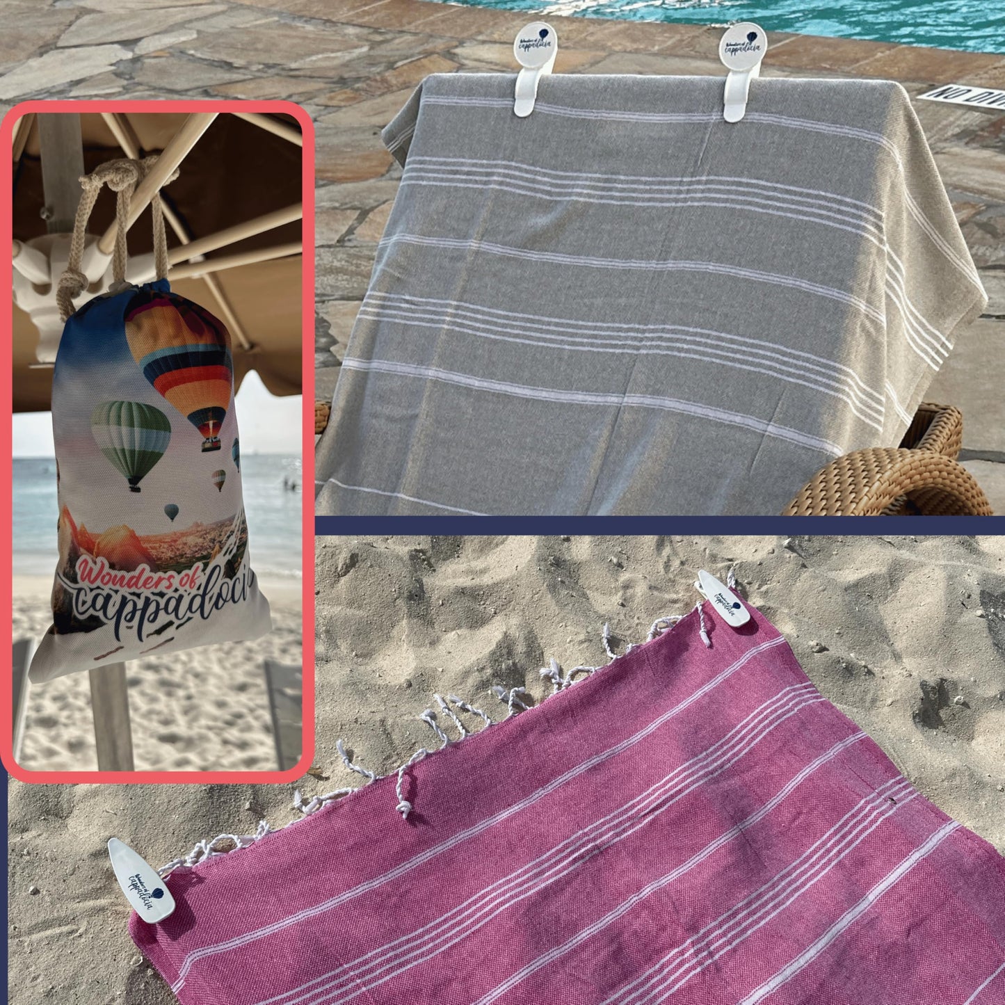 Turkish Cotton Beach Towel with Design Bag and Sand Clips - (70 x 35 inch) Oversized Travel Blanket for Women, Quick Dry Sand Proof Lightweight Compact, Ideal for Beach and Outdoor Use