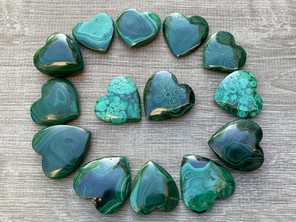 Malachite Gemstone Hearts, Polished Malachite Puffy Hearts, Malachite Crystal Palm Stone, Malachite Healing Crystal Hearts (1 Heart)