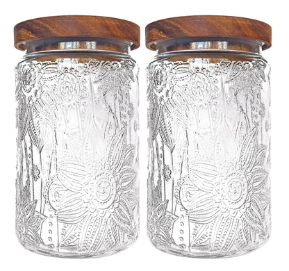 LODIKE 35oz/1000ml Glass Storage Jars with Nature Wood Lids, Airtight Food Storage Containers for Kitchen Organization, Large Capacity for Cookie, Pasta, Sugar, Flour, Cereal - Set of 2 （sunflower）