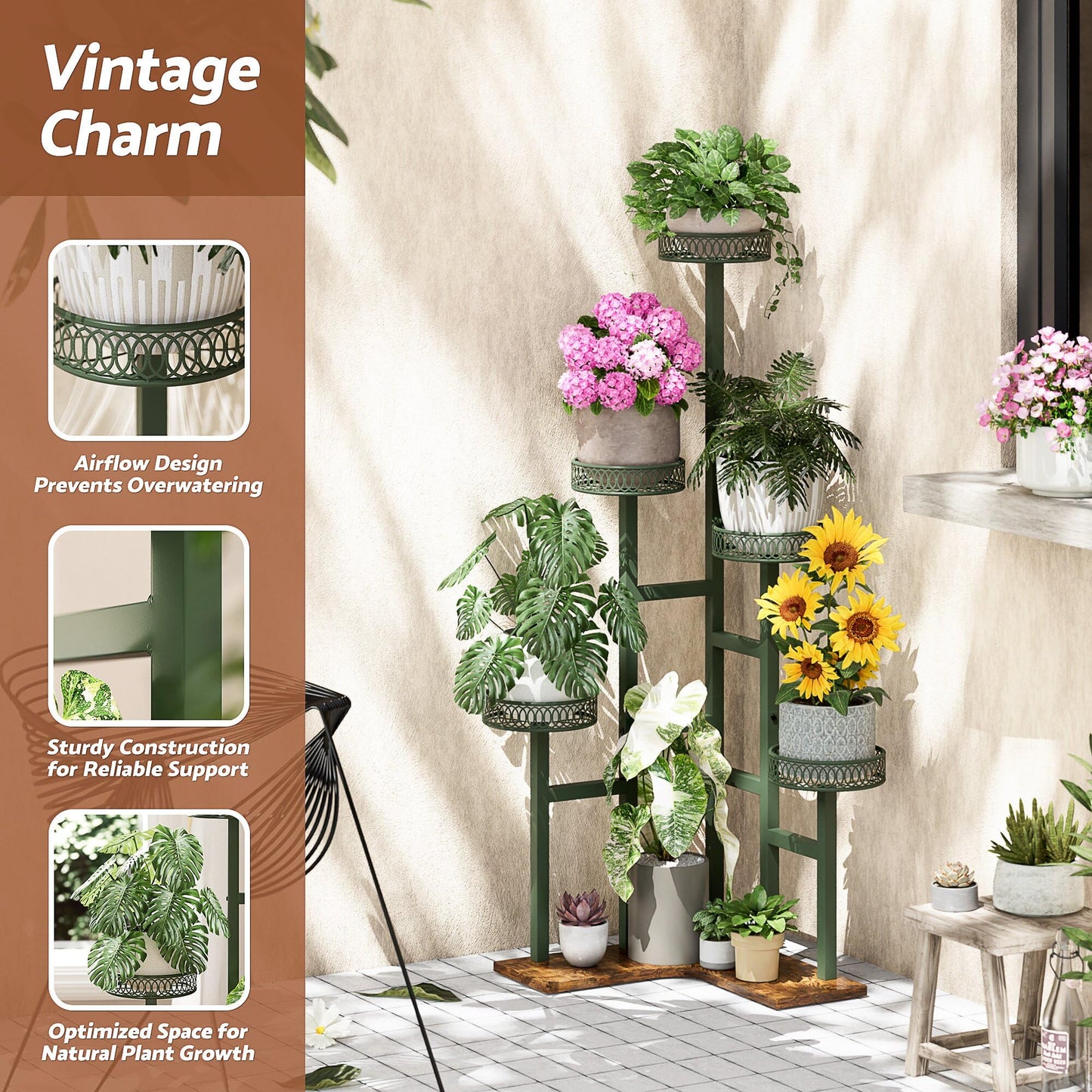 NQW Plant Stand 6 Tier Indoor Metal Wood Flower Shelf for Indoor Outdoor Corner Tall Flower Holders for Garden Balcony Living Room Bedroom