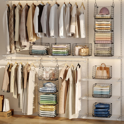 4 Tier Closet Hanging Organizer, Closet Organizers and Storage with 5 S Hooks, Closet Hanging Shelves & Freestanding Wire Storage Basket Bins, for Clothing Shoes Handbags Clutches Accessories Patent