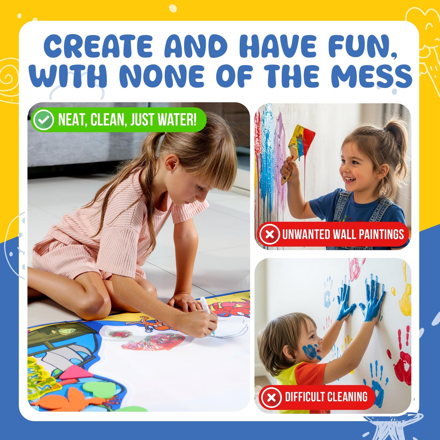 Water Doodle Mat -Sea Life 40 x 32 – Mess-Free Water Drawing Mat for Kids Ages 3-8 with Roller, Stamp Markers, Water Pens, Foam Shapes & Stencils