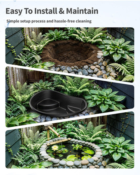 POPOSOAP Preformed Pond Liner, 33 Gallon Rigid Plastic Pond Tub Heavy Duty U-V Resistant Basin with Integrated Plant Shelves for Backyard, Garden and Patio Landscaping P797