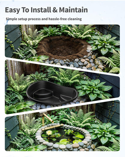 POPOSOAP Preformed Pond Liner, 33 Gallon Rigid Pond Liner with Integrated Plant Shelves, Heavy Duty U-V Resistant Plastic Preformed Pond for Backyard, Patio, Fountain,Water Lily and Koi Pond-P797