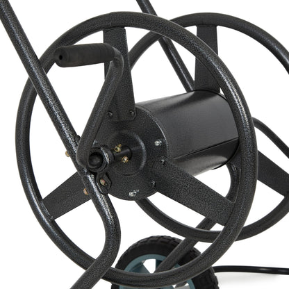 Backyard Expressions 2‑Wheel Garden Hose Reel Cart, Portable Hand‑Crank Hose Reel, Rust‑Resistant Hammertone Gray Finish, Brass Connectors