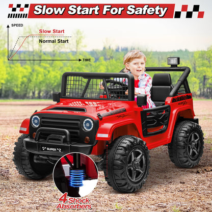 24V XL Ride on Car with Remote Control, JOYRACER 2 Seater 4WD/2WD Switchable Electric Car for Kids w/20 Inch Wide Seat, Gift Flower, 4X200W Power Car Wheels 24 Volt Big Truck for Boys Girls, Red