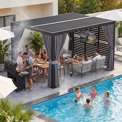 COSIEST 10' x 12' Louvered Pergola with TV Mount, Outdoor Aluminum Pergola with Adjustable Roof, 4 Posts Drainage System, Privacy Curtains & Rainproof Gazebo for Patio, Deck, Backyard, Garden