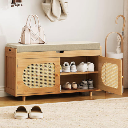 PETKABOO Rattan Shoe Storage Bench, 35.4" Bamboo Entryway Bench, 2-Tier Shoe Rack with 2 Doors & Padded Seat Cushion for Entryway, Living Room, Bedroom