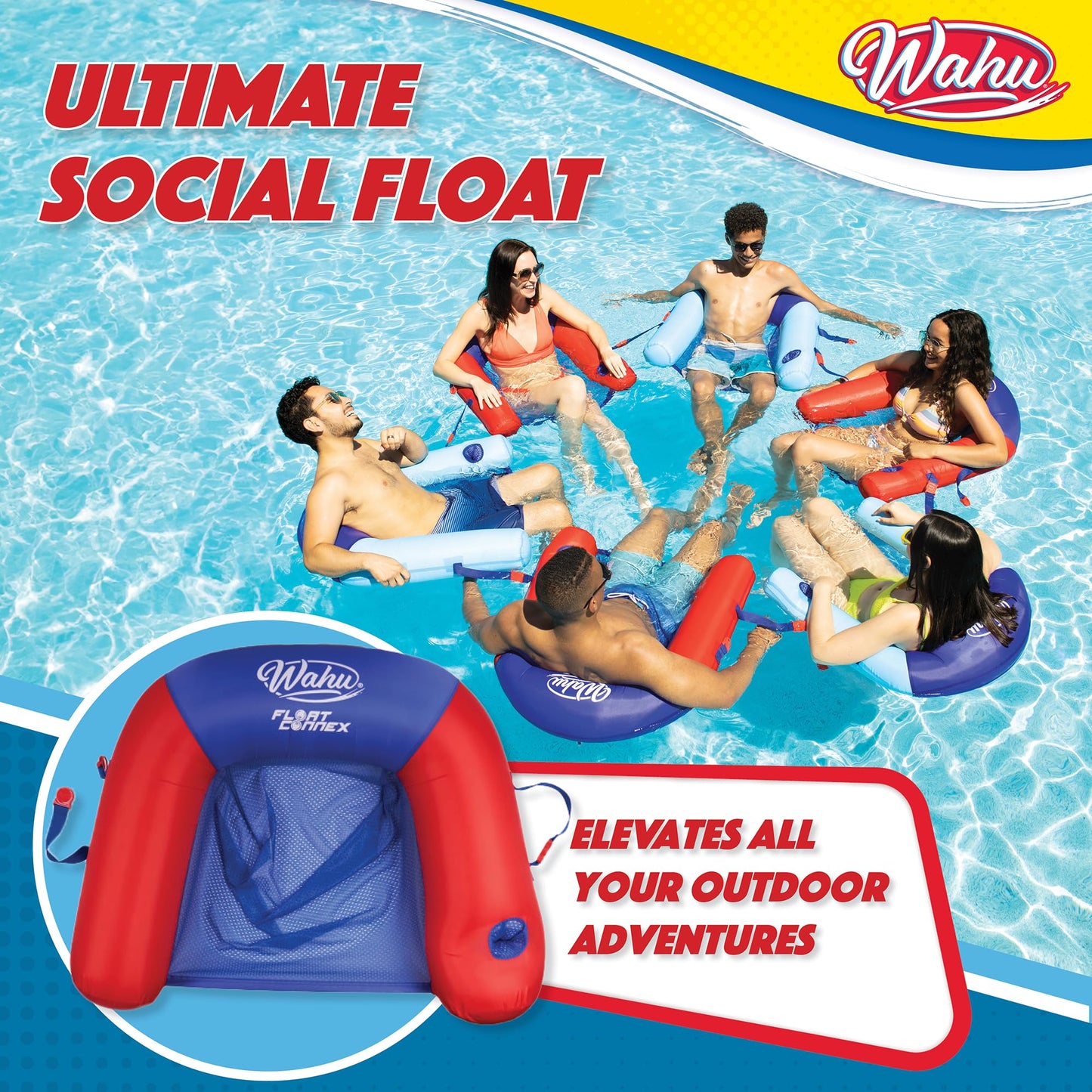 WAHU Float Connex Aqua Pool Seat with Connex Clips, Cupholder, and Inflate Valve, Inflatable Pool Float Chair for Adults and Kids Ages 8+, Blue/Red