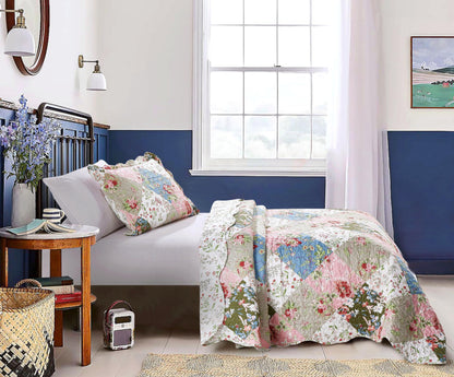 Brilliant Sunshine Peach and Olive Flowers Patchwork, 2-Piece Quilt Set with 1 Sham, Reversible Bedspread, Soft Lightweight Coverlet, All-Season, Twin, Peach Olive
