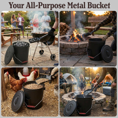 Ash Bucket - 4.75-Gallon Metal Bucket with Lid and Shovel for Fireplace or Firepit Ashes - Heat Resistant Fireplace Tools by Pure Garden (Black)