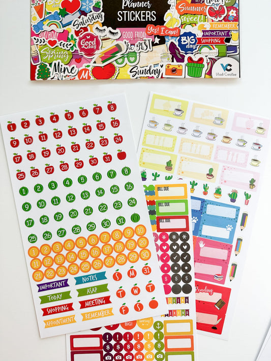 Vladi Creative Planner Stickers - 1054 Pieces, 15 Sheets, Decorative & Productivity-Boosting Colorful Stickers for Journals, Calendars, Scrapbooking, Time Management, & DIY Planner Decoration