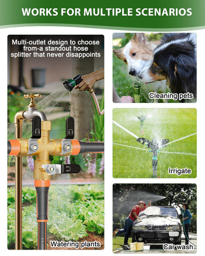 Garden Hose Splitter, 3 Way Heavy Duty Brass hose splitter, Water Hose Bib Spigot Splitter with 0.59" Full Flow Ball Valve Outlet & Shut-Off Valve 3/4'' Connector Outdoor Water Faucet Adapter