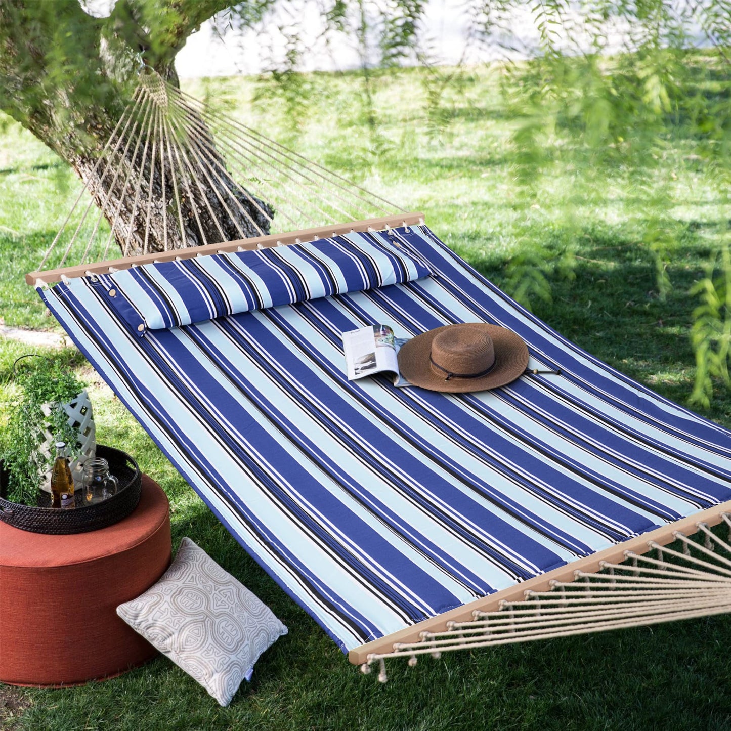 SUNCREAT Hammocks Quilted Fabric Hammock, Double Hammock with Spreader Bar, Soft Pillow, Max 475lbs Capacity, Blue Stripes