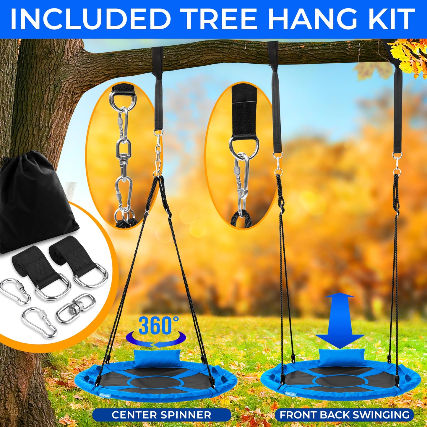 SereneLife 40" Saucer Swing - Outdoor Swing Set with Universal Hanging Kit, Swinging Seat Spinner with Pillow & Carry Bag, Weatherproof, Water-Resistant, Supports Up to 700 lbs, Blue