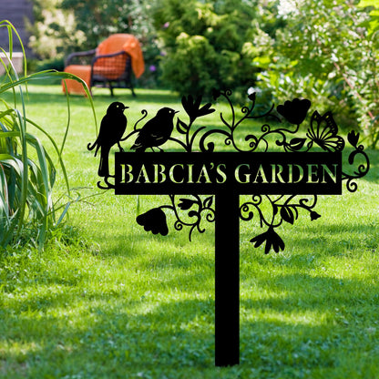 Custom Metal Garden Sign with Flowers, Personalized Garden Metal Stake with Birds, Flower Garden Name Decor, Custom sign for Outside, Customized Gardening Decoration, Yard Art, Gift for Mom, Grandmom