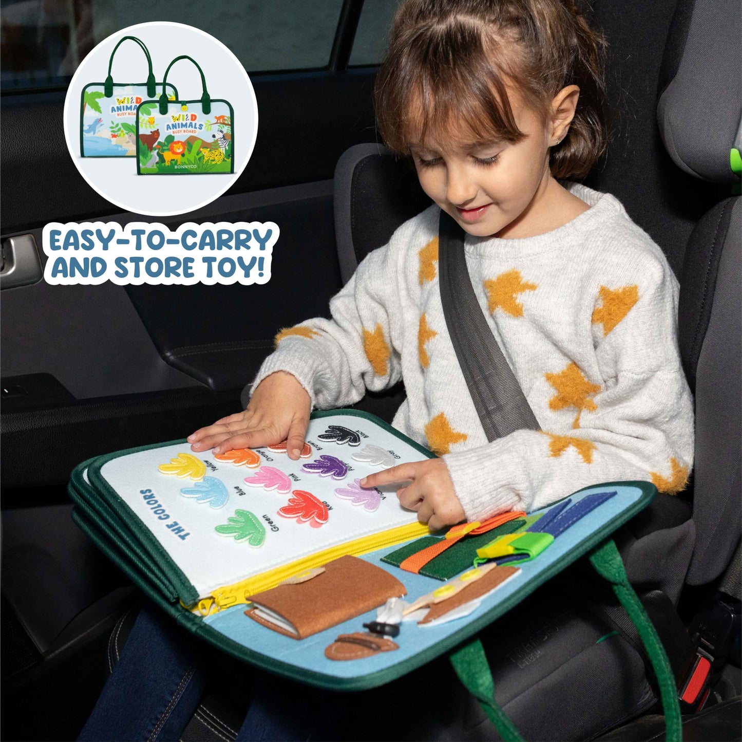 BONNYCO Busy Board for 1 Year Old Animals. Montessori Busy Book for Toddlers 1-3 2-4, Felt Quiet Book Baby. Montessori Toys, Toddler Learning Toys for Travel, Airplane, Car. Educational Activity Board