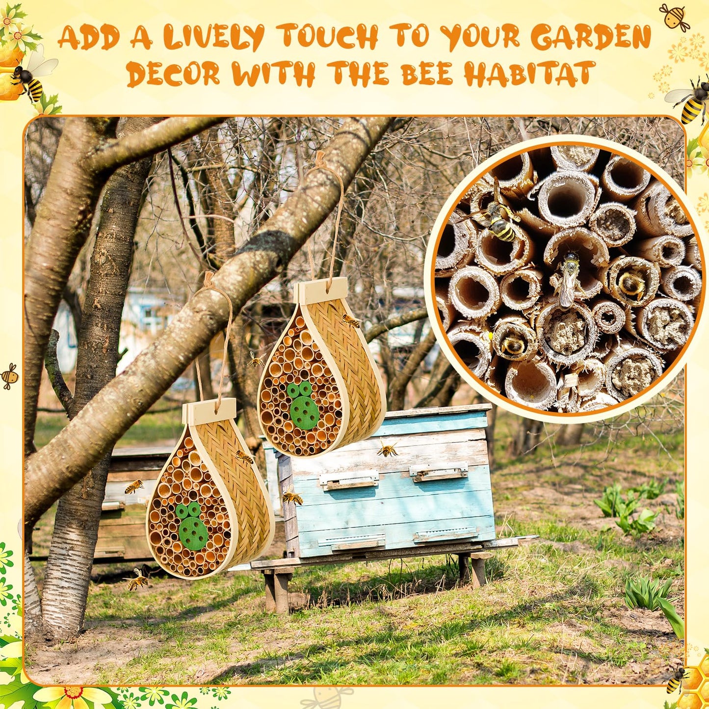 DoubleFill 2 Pcs Mason Bee House Hanging Bee Hives Wild Pollinator Bamboo Mason Bee Habitat Hotel with Tubes Beekeeping Supplies for Enhance Garden Productivity(Water Drop)