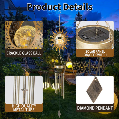 Yonxuleo Sun Solar Wind Chimes for Outside Lights Prefert Gifts for Mom Wife Unique Crackle Glass LED Warm Light Outdoor Hanging Decor Windchimes for Garden Yard Patio Christmas Birthday Mothers Day
