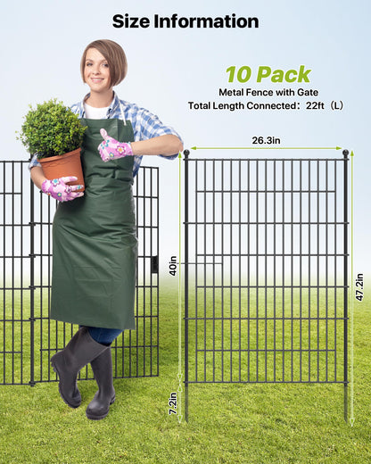 Garden Fence Animal Barrier with Gate 40in(H) x23ft(L) 10Panels Heavy Duty Metal Wire No Dig Decor Fencing,Tall Outdoor Dog Safety Fences with Stake,Temporary Edging for Yard