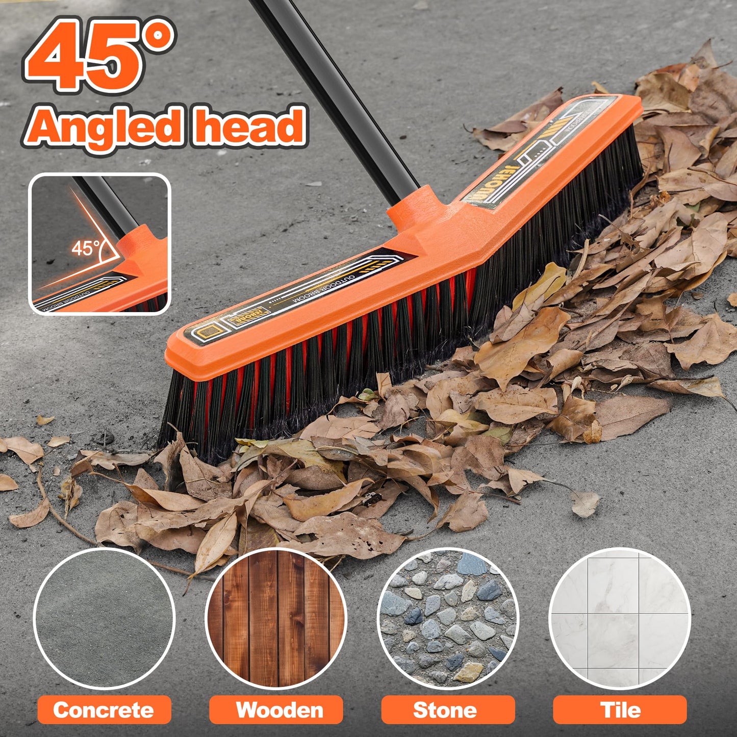 JEHONN Push Broom Outdoor Heavy Duty, 15.7 inches V-Shaped Stiff Bristle Commercial Industrial Brush with 61” Long Handle for Garage Warehouse Shop Garden Patio Driveway Yard Street Deck (Orange)