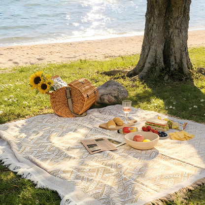 Outdoor Picnic Blanket Sandproof - Portable Lightweight T-Grid Picnic Mat for Beach, Camping, Park, Lawn, Concert & Wedding Photoshoot Indoor Bohemian Decor Machine Washable 70.9 x 102 Inches