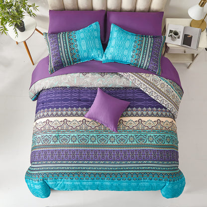 Cottolester Boho Comforter Set Queen Size 8 Piece Bed in a Bag Bohemian Striped Bedding Quilt Set Aqua Paisley Floral Comforter and Sheet Set,Soft Microfiber Complete Bedding Sets for All Season