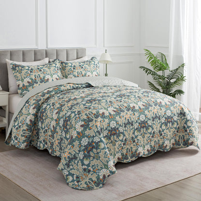 HoneiLife Queen Quilt Bedding Set - Microfiber Quilt Sets for Queen Bed, 3-Piece Lightweight Bedspreads,Reversible Coverlets Rustic Bed Cover, Floral Bedding Set All Season Quilts-Grayish Green