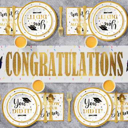 Ecomore Graduation Decoration Class of 2026, 350PCS Graduation Party Supplies Disposable Dinnerware(Serve 50) with Paper Plates Cup Napkin Fork Knife Spoon College High School Grad Decor(White & Gold)