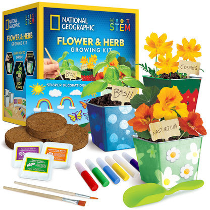 National Geographic Flower & Herb Gardening Kit for Kids - Kids Gardening Set with 3 Stainless Steel Pots, Paint & Stickers, Outdoor Toys, Craft Kits, Plant Growing Kit, Easter Basket Stuffers