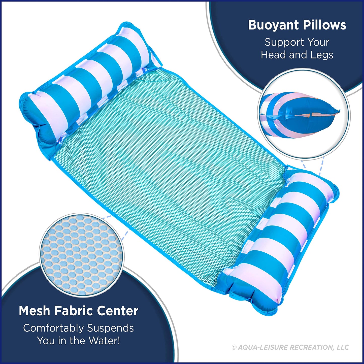 Aqua 4-in-1 Monterey Hammock Pool Float & Water Hammock, Multi-Purpose, Inflatable Pool Floats for Adults, Patented Thick, Non-Stick PVC Material, One Light Blue & One Navy/White Stripe, 2-Pack