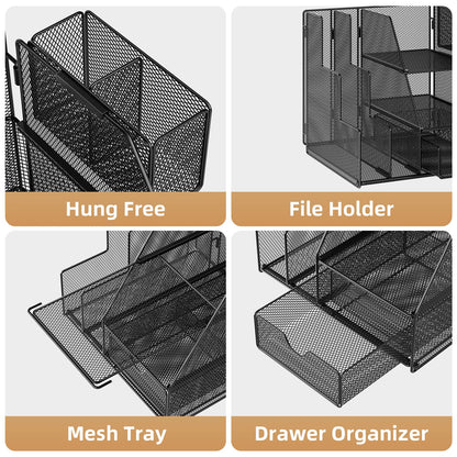 Marbrasse Desk Organizer and Accessories, 3-Tier File Organizer with Drawer and Pen Holder, Small Desktop Organizer and Storage for Workspace Office Supplies Black