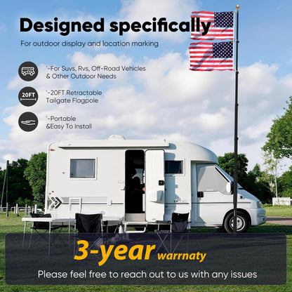 20FT Tailgate Flag Pole with Tire Mount, Fits RV Pickup SUV Sedan, Portable RV Flag Pole with 20" High-Density Foam Protective Tube, Thickened Aluminum Flag Pole with an Flag, 60 MPH, Dual Flag Mount
