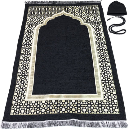 Modefa Turkish Islamic Prayer Mat - Thin Woven Chenille Sajjadah - Intricate Praying Rug Ramadan Eid Gift - Traditional Muslim Janamaz Sajada for Men Women - Geometric Selcuk Star (Black)