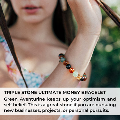 Crystal Agate Triple Stone Money Bracelet - Beaded Stretch Bracelet with Citrine, Red Garnet & Green Aventurine - Meditation, Motivational & Spiritual Gift for Men and Women - 10mm Beads