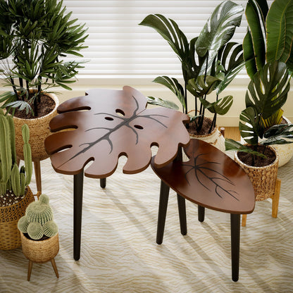 BAMEOS Monstera Leaf Nesting Tables Set of 2, Small Side Tables f Set with Leaf Vein Pattern, Modern Wooden CoffeeTables for Living Room Bedroom Apartment Balcony Yard
