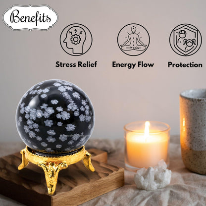 Amazing Gemstone Snowflake Obsidian Crystal Ball with Stand - 2" Inches Crystal Sphere Meditation Balls for Witchcraft and Decorative Balls