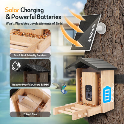Smart Bird Feeder with Camera, 2.5K HD Camera Bird Feeder, AI Identify, Solar & Battery Powered, Auto Capture & Notify in Time, Bamboo Wooden, Ideal Gift for Family(1.55L)
