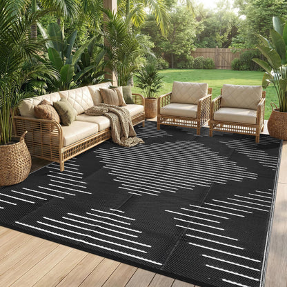 Garvee Waterproof Outdoor Area Rug 9x12 Plastic Reversible Rug for Patio Decor Easy-Cleaning Large Floor Mat for Camping RV Porch Deck Backyard Balcony Picnic Black White