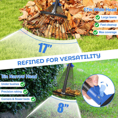 Heavy Duty Garden Leaf Rake-Adjustable Metal Rake with 8-17" Expandable Head,Yard Rakes for Leaves,Grass,Lawns,Shrubs,Flower Beds,Camping,Outdoor Cleanup,Ideal for Women & Kids