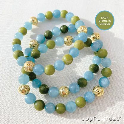 Joyfulmuze Aquamarine Serpentine Stretch Bracelet, Natural Blue and Green Round Gemstone, Handmade Spiritual Jewelry for Women Men, Gold Lava Beads, 17cm length (Aquamarine-Serpentinite-Lava Stone)