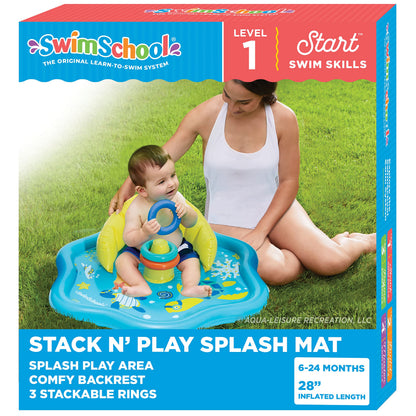 SwimSchool Baby Splash Play Mat – Inflatable Play Pool for Babies & Infants with Backrest – Includes Baby Water Toy Rings– Seafoam Blue Lemon