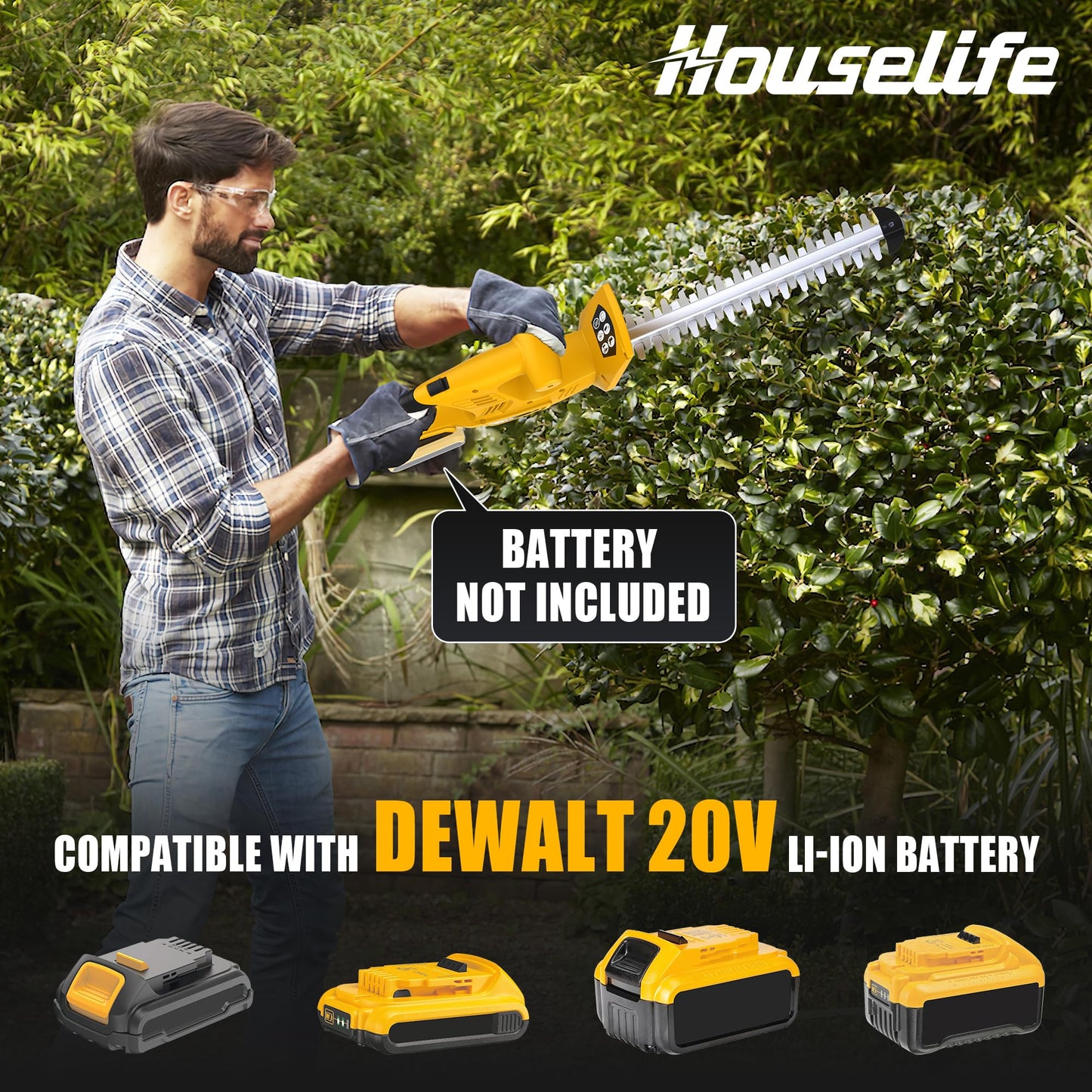 Houselife Cordless Hedge Trimmer Compatible with Dewalt 20V MAX Battery(Tool Only), 18'' Electric Hedge Trimmers Cordless, Lightweight Battery Powered Bush Trimmer for Yard, Garden