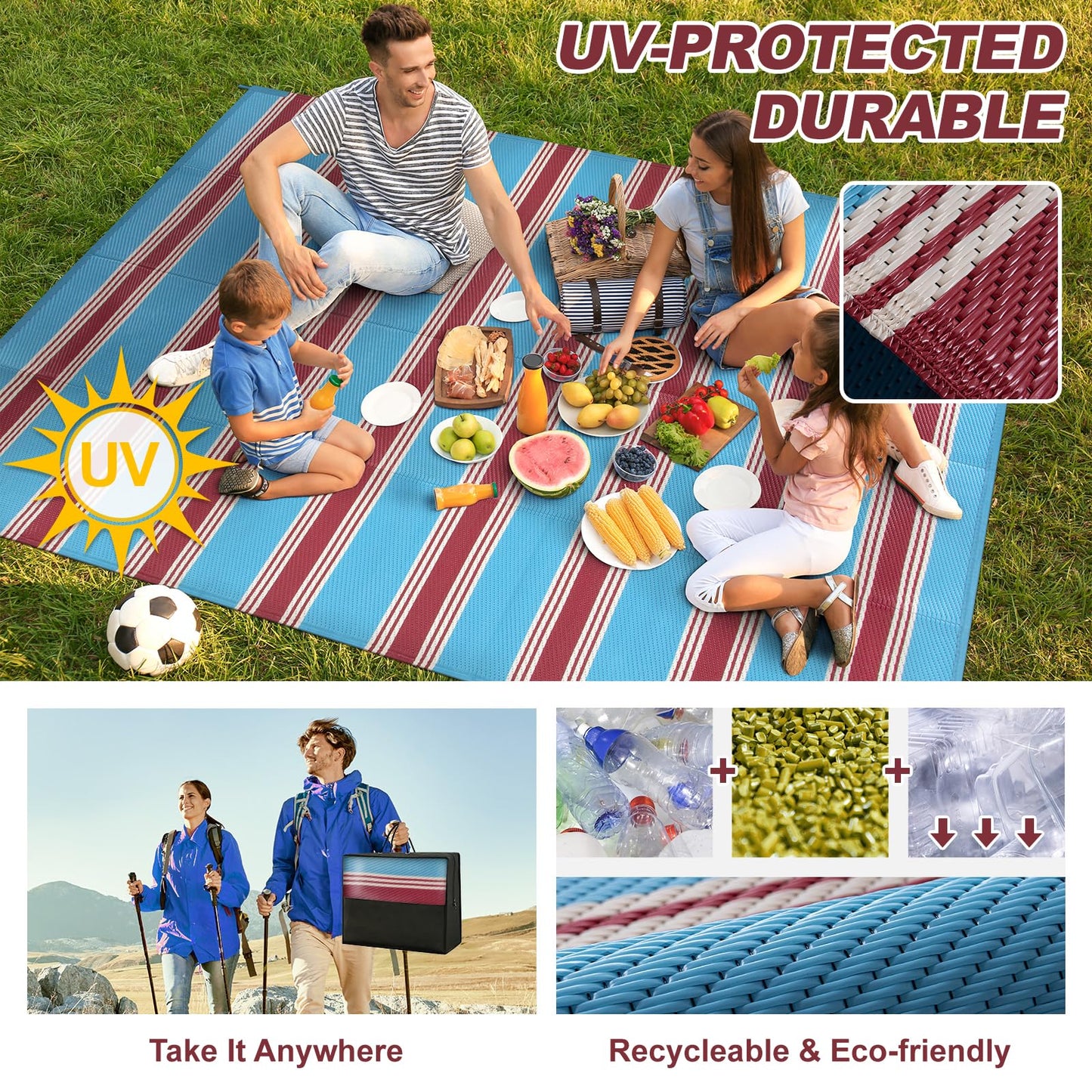 Lahome Striped Outdoor Rug 8x10 Patio Waterproof, Reversible Outdoor Plastic Straw Rug for Camping, RV Patio Rugs Outside Large Carpet for Porch Deck Backyard Picnic(Blue/Red,8'x 10')