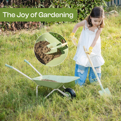 ROBUD Kids Wheelbarrow Set, Green Metal Toddler Wheelbarrow with Shovel, Hoe, Broom & Gloves, Kid Gardening Set for Kid to be Closer to Nature, WRP43