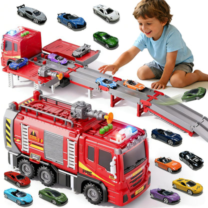 3in1 Fire Truck Toy with Foldable Race Track & 12 Diecast Race Cars Toys, Fire Trucks for Toddlers 3-5 with Lights & Sounds, Carrier Truck Car Kids Toy Gift for Age 3 4 5 6+ Year Old Boys Girls