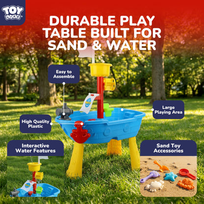 TOY Life Pirate Ship Water Table Set with 13 Gold Coins, 10 Gems, 6 Molds, 3 Shovels and Cup, Sand and Water Play Table for Kids, Indoor and Outdoor Use
