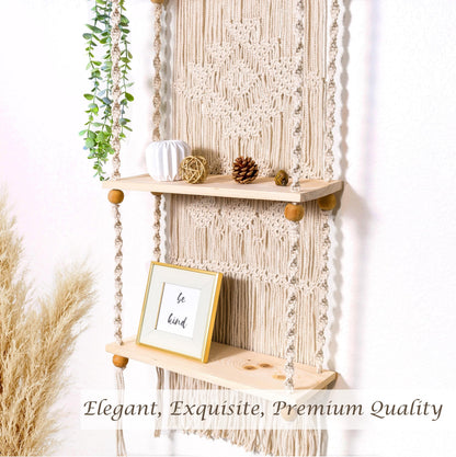 Induslyfe Macrame Wall Hanging Shelf 3 Tier Boho Wall Plant Hanger Shelves, Handmade of Woven Rope Boho Shelves Organizer for Living Room Bathroom Home Storage Floating Plant Rack Bohemian décor